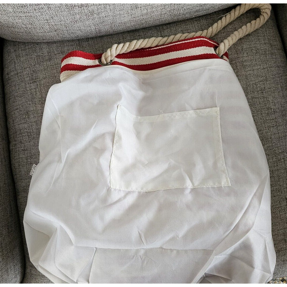 Weekender Beach Red Cream Striped Tote Bag Rope Handle 19in x 14.5in Nautical - Picture 7 of 10